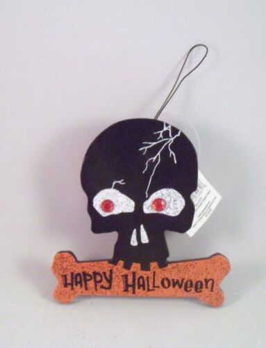 Wooden Black Skull Happy Halloween Bone Ornament by Evergreen  - Picture 1 of 1