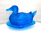 TU. Fenton Art Glass Cobalt Blue Duck On A Nest Serving Dish Figurine 7"L x 5"H