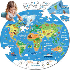 72 Piece World Map Jigsaw Puzzle for Kids 3-5, 4-6 Globe round Floor Puzzles Geo