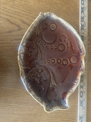 Hull Oven Proof USA Fish-Shaped Brown Ceramic Glossy Pottery Dish 10in