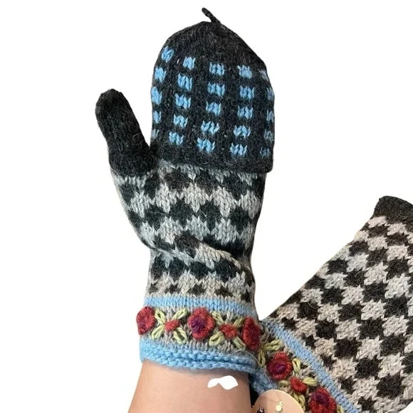 Artesania Glitten Fingerless Gloves Hand Knit Alpaca Wool Artisan Boho NEW!