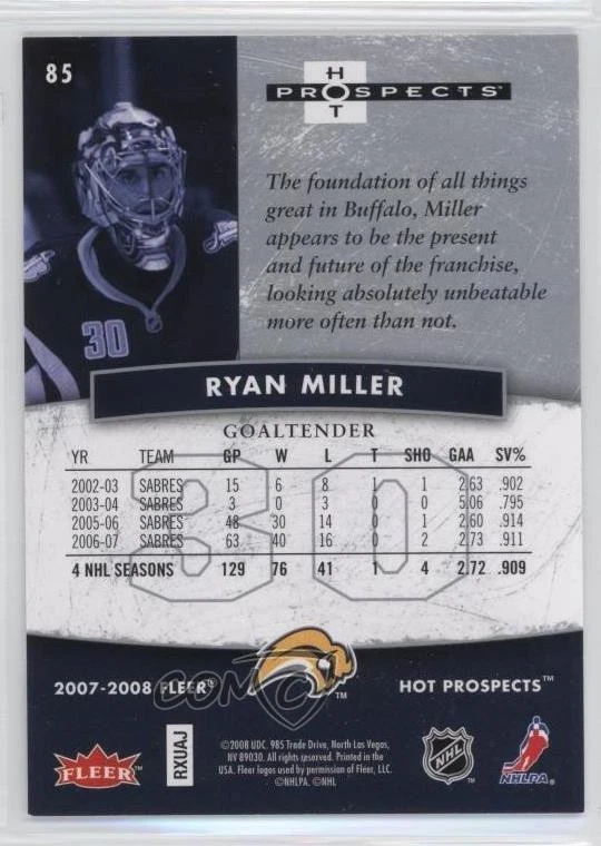 2007-08 Fleer Hot Prospects Ryan Miller #85 - Image 2 of 2