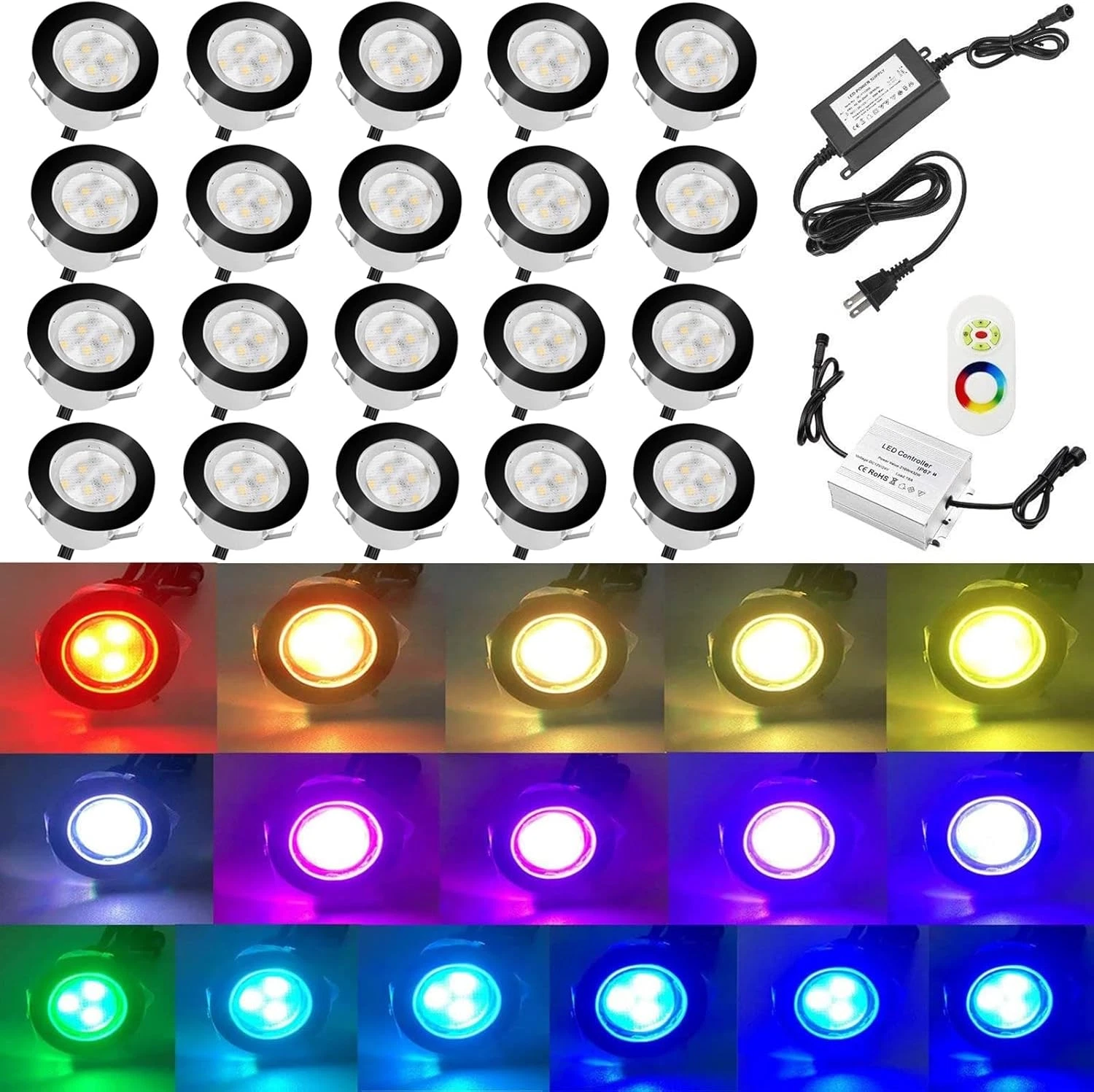 20Pcs RGB LED Deck Lights Kit - Waterproof Stainless Steel Outdoor Lamps
