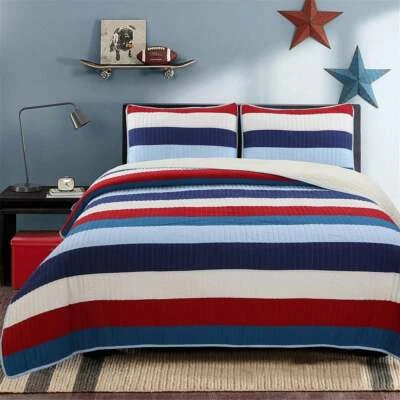 QUALITY NEW! ~ COZY CLASSIC RED WHITE NAVY BLUE NAUTICAL STRIPE PLAID SPORTY QUILT SET ~