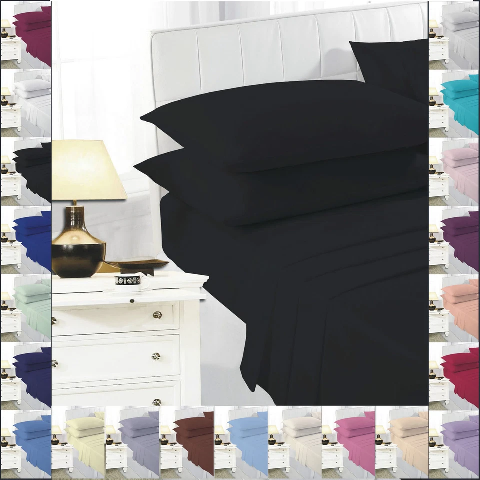 Fitted And Flat Bed Sheet Set With Pillowcase Single Double Super King Size