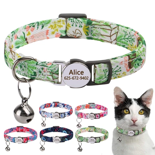 Floral Personalized Kitten Cat Collar Bell Engraved Name Tag Breakaway Release