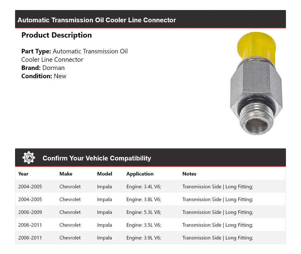 Conector de línea de enfriador de aceite para Chevrolet Impala Dorman AT 2004-2011 2005 2006 Foto 2 de 4