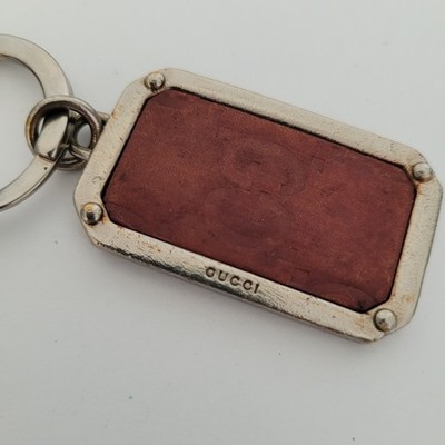 Gucci Vintage Silver Tone Brown Leather GG Logo Charm Ring