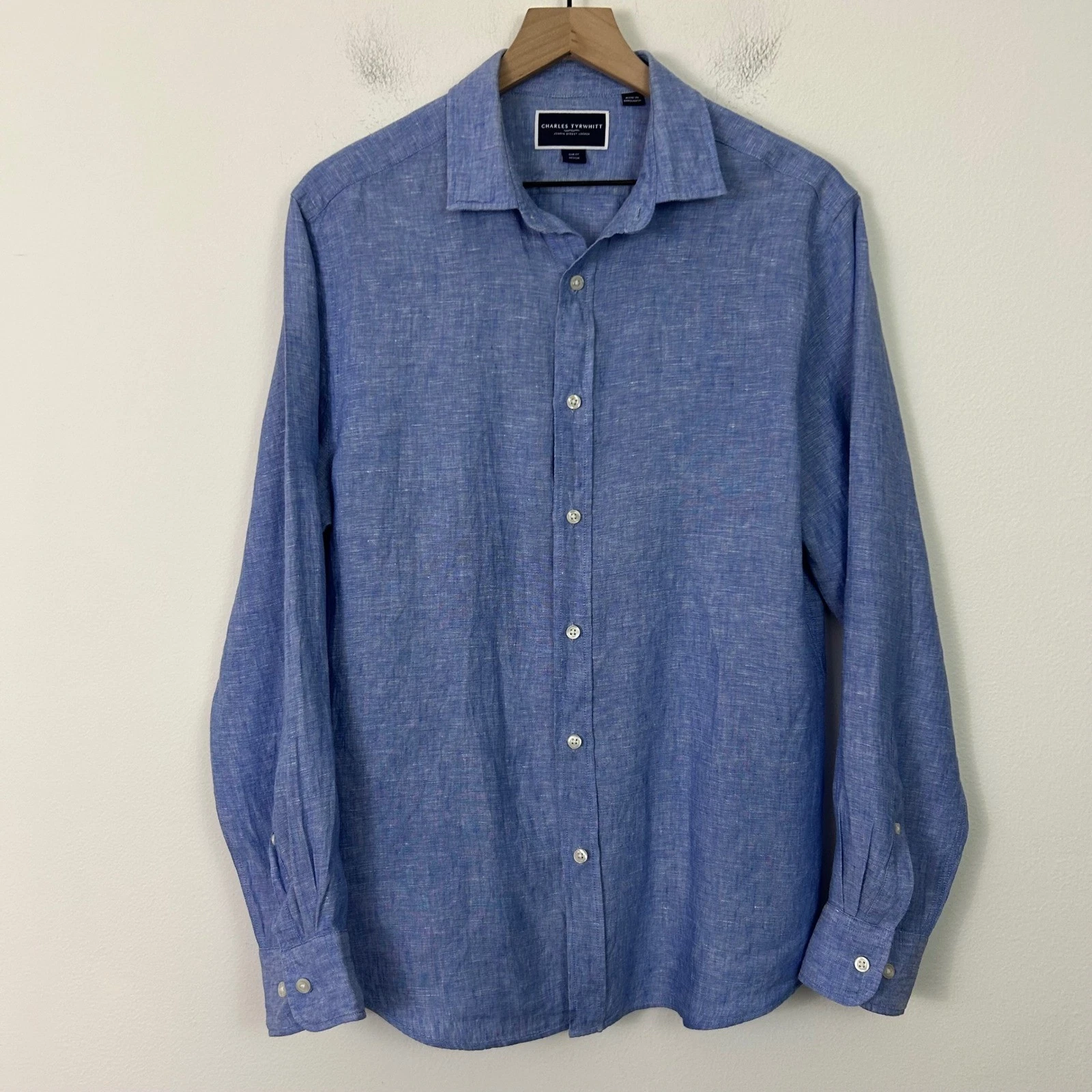 Charles Tyrwhitt Mens Blue 100% Linen Slim Fit Long Sleeve Button Down Shirt M