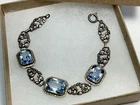Antique Art Deco 830 Silver Floral Link Bracelet Blue Paste Gemstones 6.5”