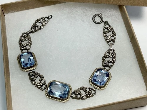 Antique Art Deco 830 Silver Floral Link Bracelet Blue Paste Gemstones 6.5”