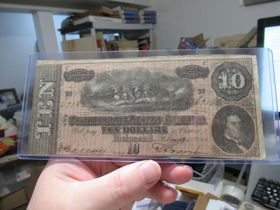 1864 $10 Confederate States CSA Civil War Banknote Richmond Currency S# 6/21/66 - Image 2 of 4
