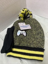 Little Boys Gamer Beanie & Gloves Set One Size Winter Hat Neon Yellow Black
