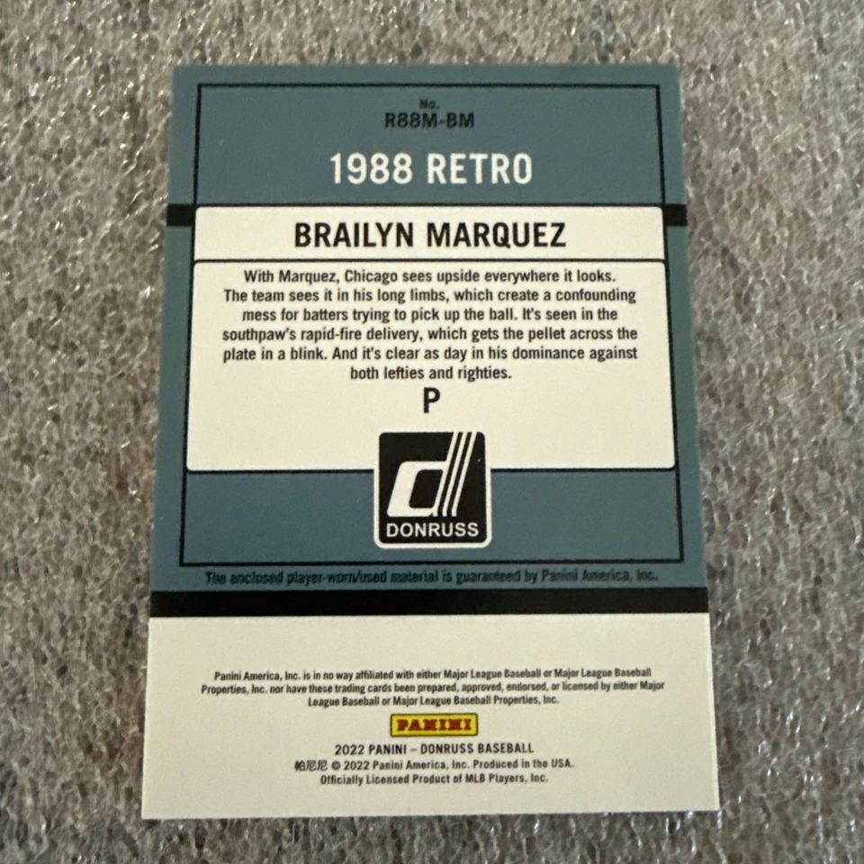 2022 Brailyn Marquez Panini Donruss 1988 Retro Jersey Patch Relic R88M-BM Cubs - Image 4 of 4