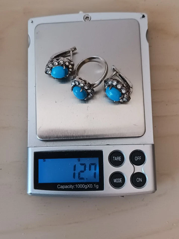 Set Gioielli Classico Orecchini & Anello 925 Vero Argento & Turchese Di Israele - Immagine 2 di 4