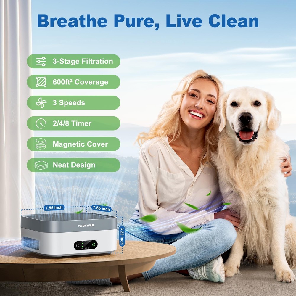 Air Purifier TDBYWAE for Home Bedroom Covers Up to 600 ft² with True HEPA Filtration Technology