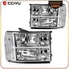 Headlight Assembly For 2007-2014 GMC Sierra Chrome Housing Front Headlamps Pair
