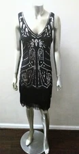 EMBROIDERED SILVER SEQUINS & BEADED OP ART TIERED FRINGED MOD FLAPPER DRESS S/M