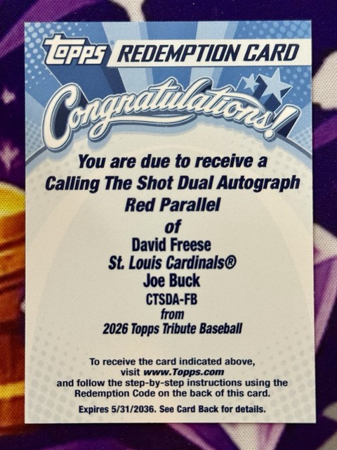 DAVID FREESE JOE BUCK 2026 Topps Tribute RED /5 Calling The Shot Dual Patch Auto
