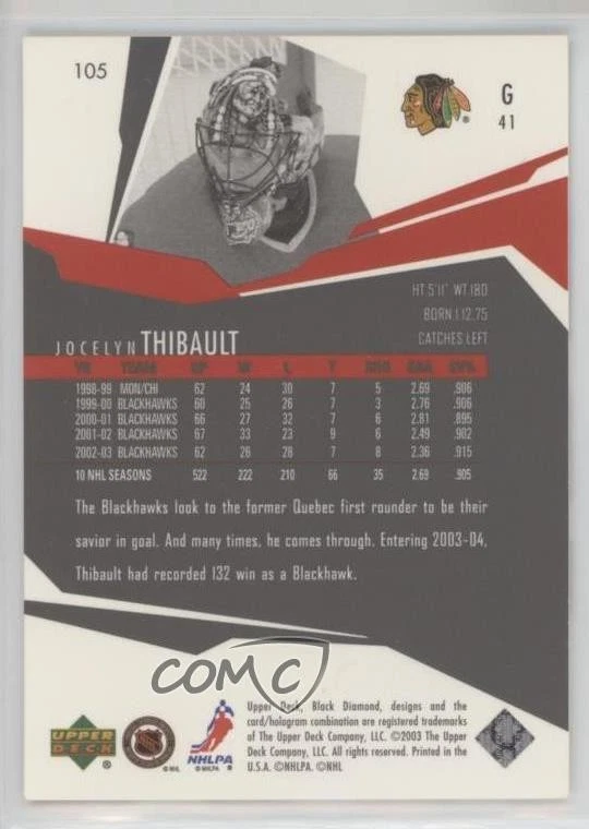 2003-04 Upper Deck Black Diamond Jocelyn Thibault #105 - Image 2 of 2