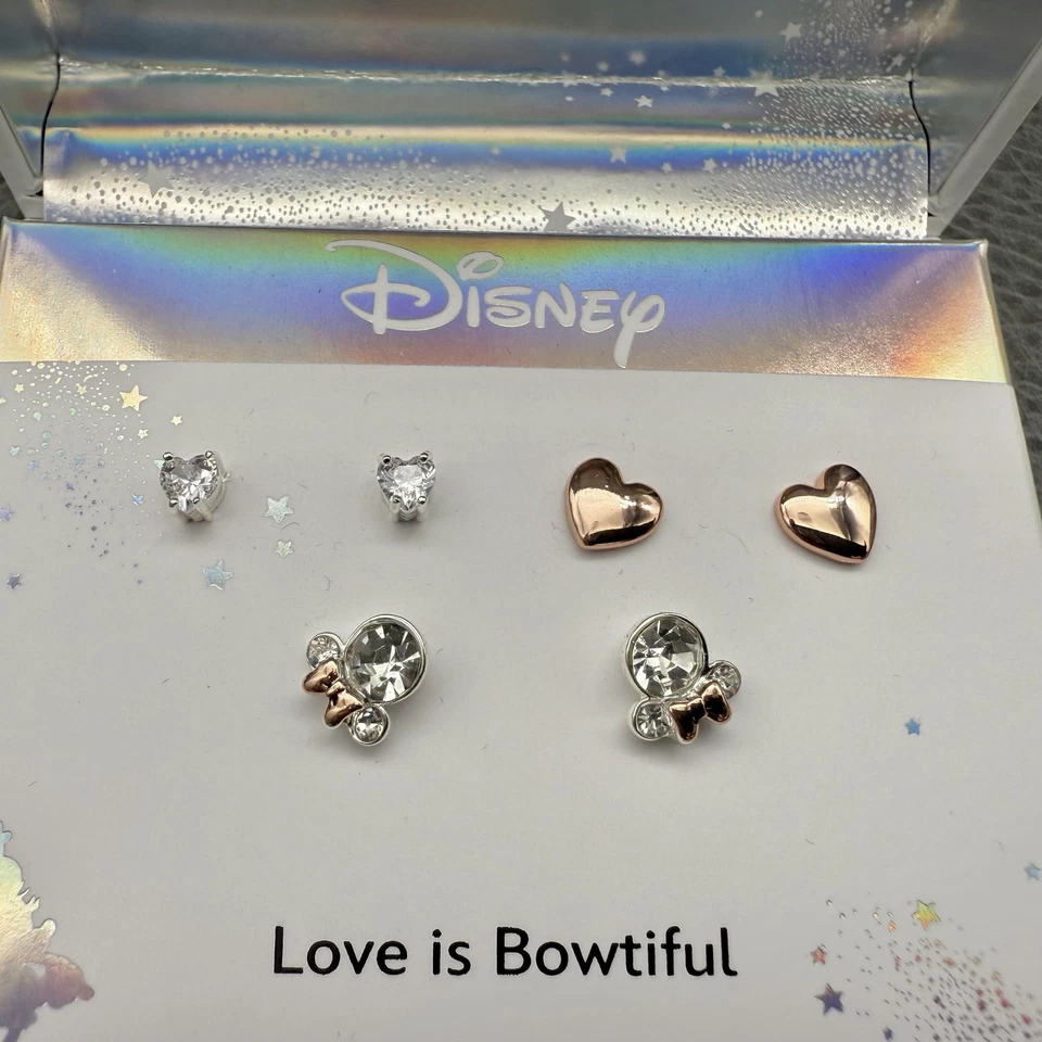 Disney Minnie Mouse Silver Plated Earrings Set Hearts Crystals Gift Boxed New - Image 4 of 4
