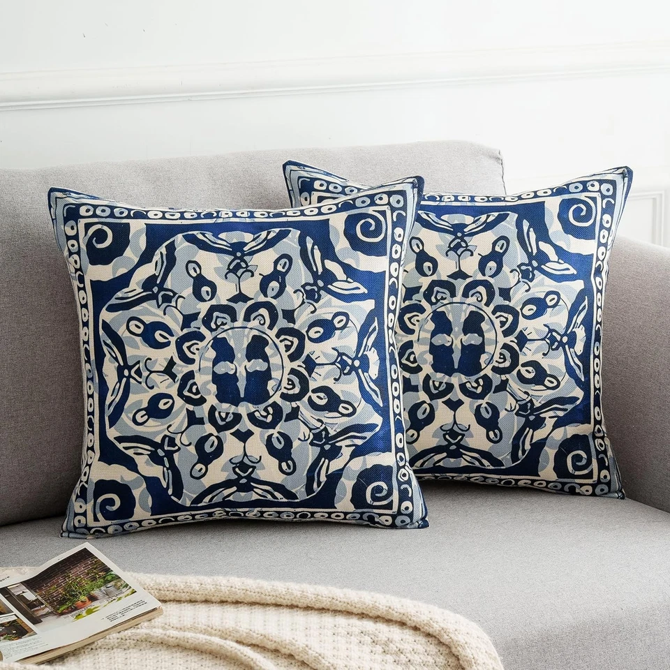 Kissenbezug 45x45 2er Set Boho Retro Datura Blume Muster Geometrische Blau Be... - Bild 1 von 4