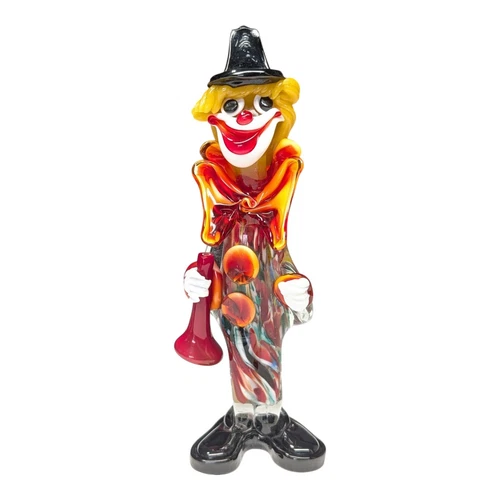 Vintage Murano Handcrafted Glass Clown Figurine Bowtie Trumpet 10.75" No Chips