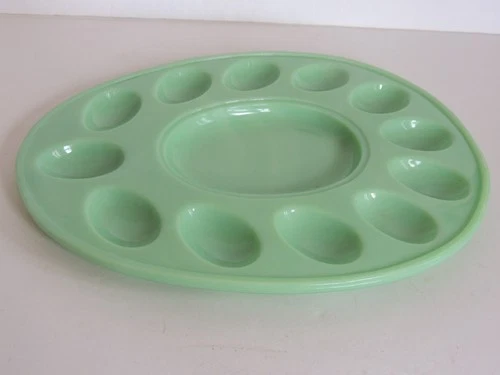 Vintage L E Smith Jadeite 12.25" Deviled Egg Dish Plate Platter Green Milk glass