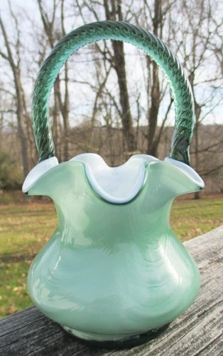 Vintage Fenton HERITAGE Green Overlay Drape Pattern Basket With Label