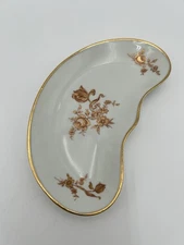 Limoges France Cresent Shaped Ashtray / Jewelry Trinket Tray Gold Floral design