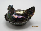 VINTAGE FENTON IRIDESCENT BLACK ROOSTER - HEN CHICKEN On NEST CARNIVAL GLASS