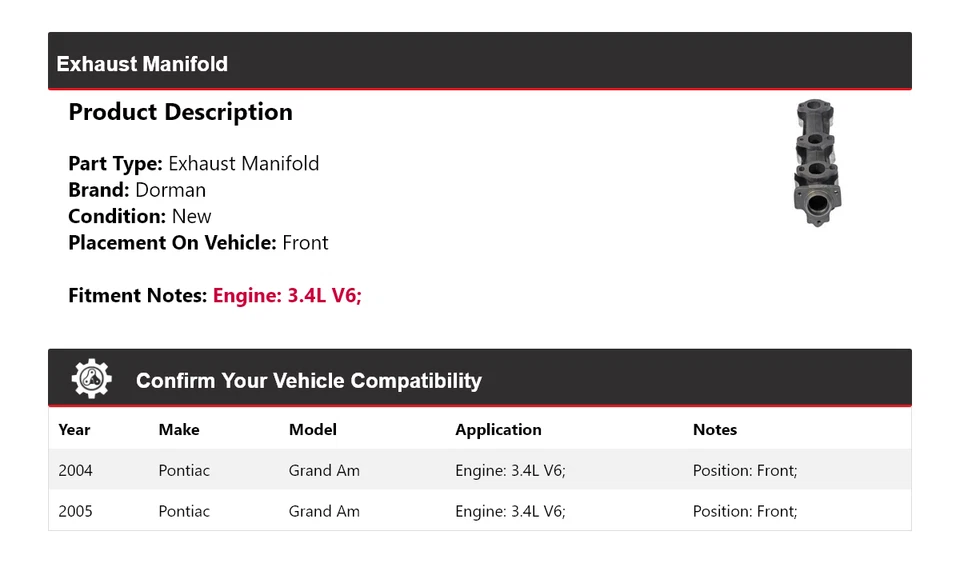 Colector de escape delantero Dorman V6 3,4 L Pontiac Grand Am 2004-2005 Foto 2 de 4