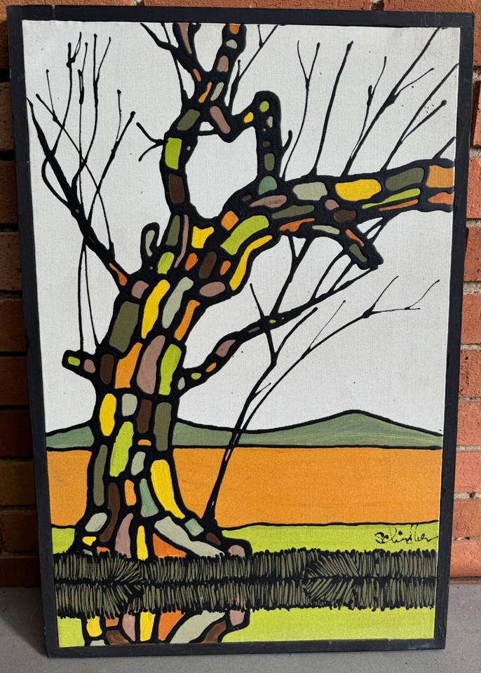 Vintage 70s Abstract Tree Painting Signed Mid Century Modern MCM Art