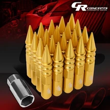 J2 M12X1.5 7075 ALUMINUM 25MM OD/123MM 20PCS SPIKY CAP LUG NUTS W/ADAPTER GOLD
