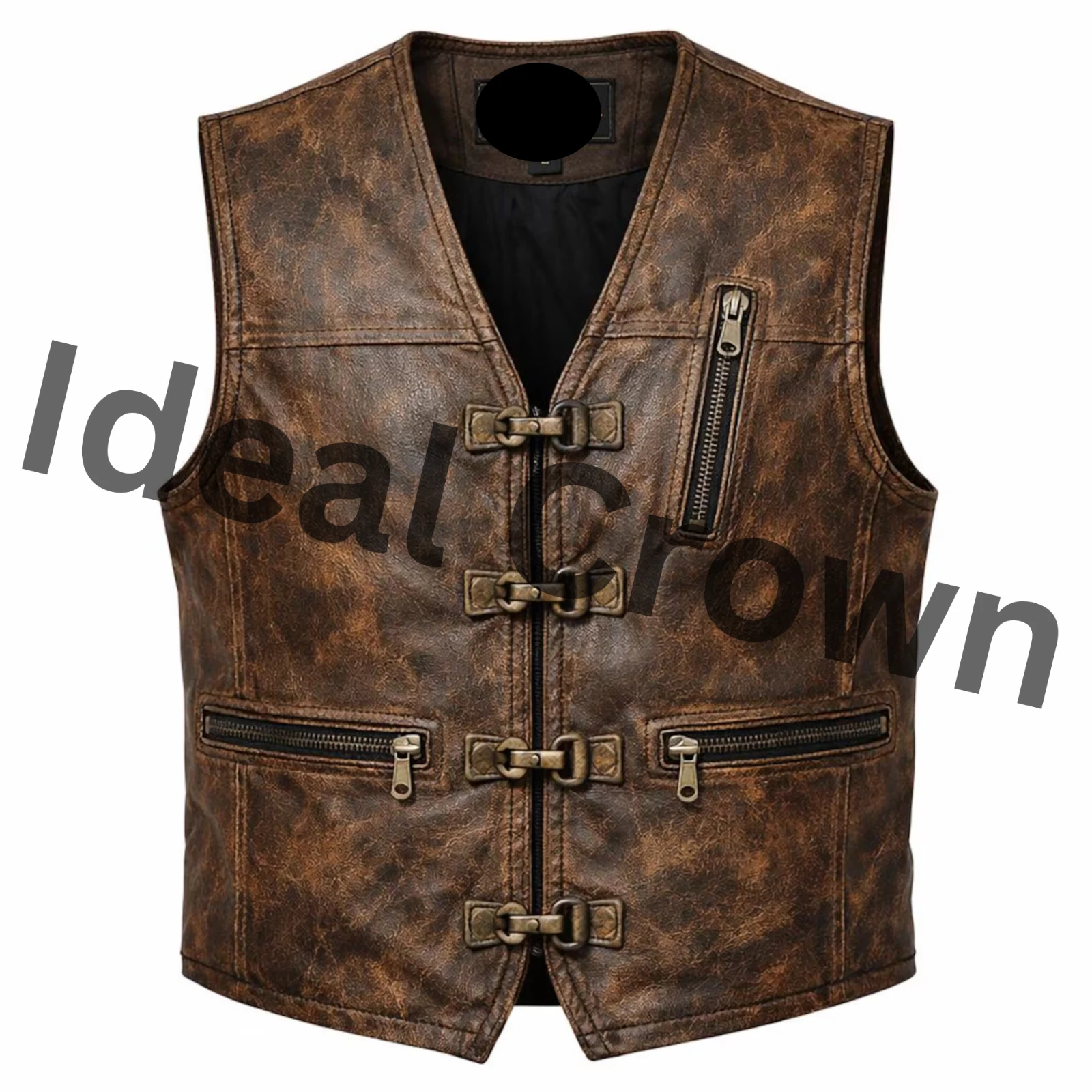 Men’s Distressed Brown Leather Biker Vest Vintage 3 Zip Pockets Hook
