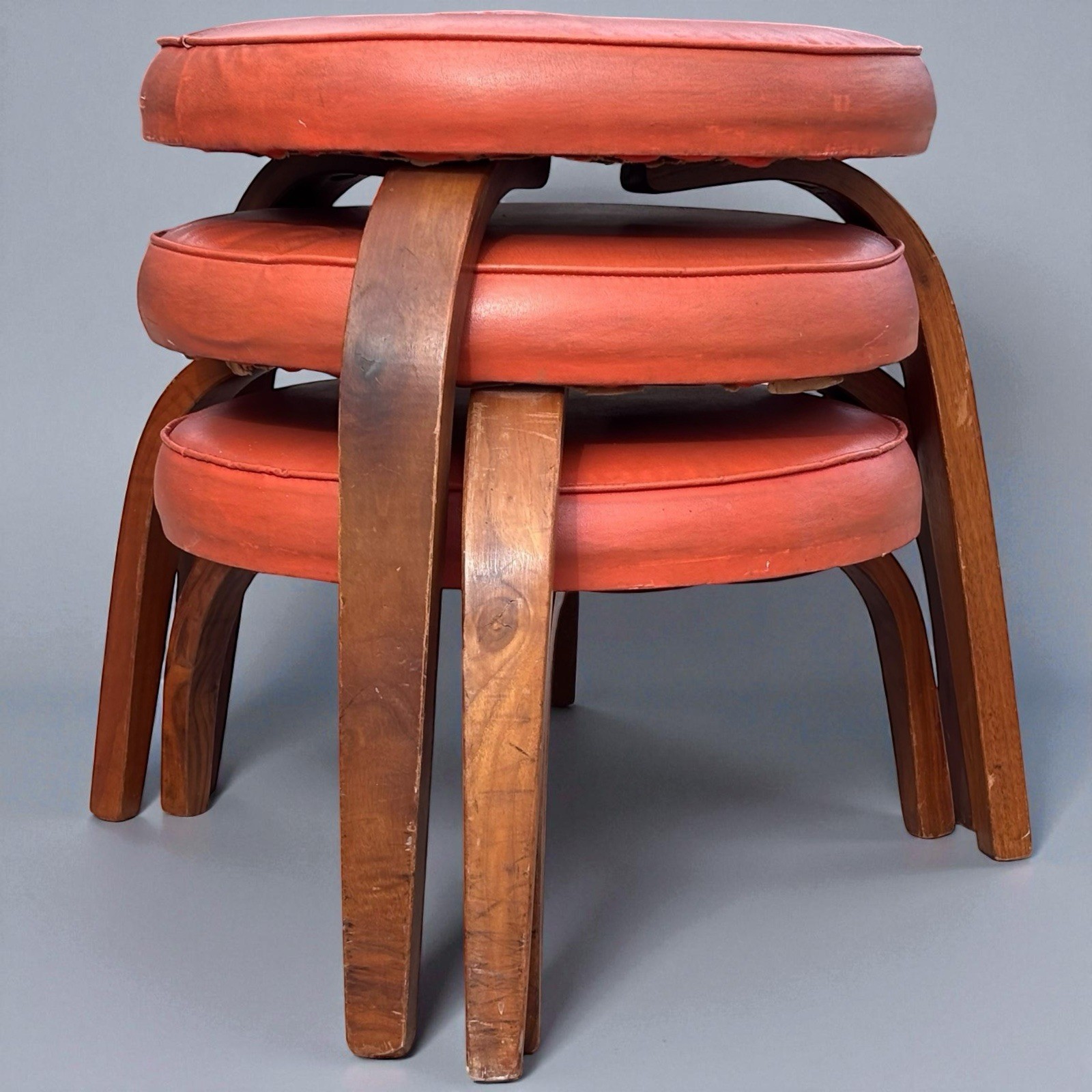 3 Vintage MCM Thonet Bentwood Nesting Stools Mid Century Stacking Orange Vinyl