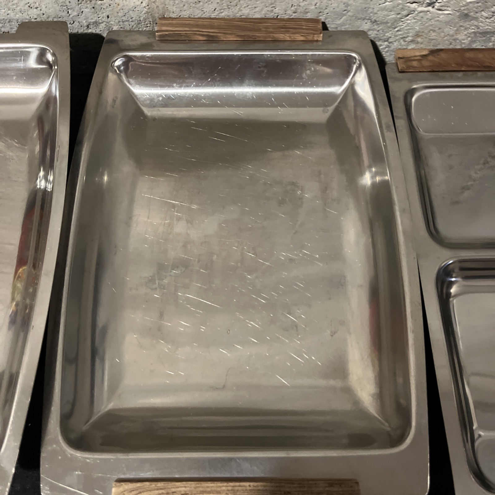 MCM Vtg Kalmar Stainless Steel & Teak Wood Serving Trays + Lid - 3 Piece Set