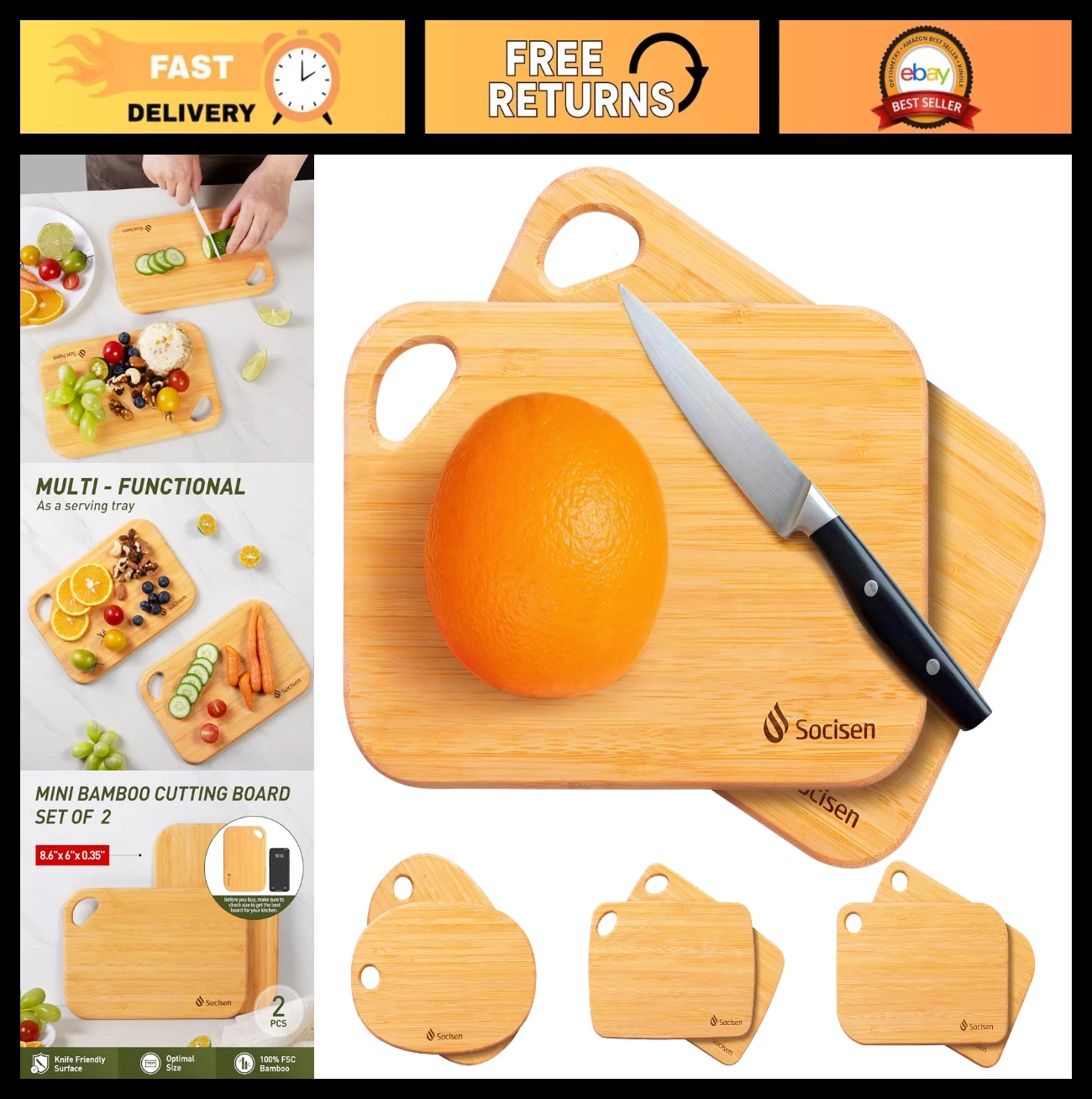 2 Packs Mini Bamboo Cutting Boards 8.6" x 6" Lightweight Non-Toxic Chopping & Se