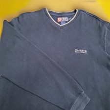 Vintage CHAPS Ralph Lauren Ribbed Cotton V  Neck Sweater Men's L Blue Preppy Y2K