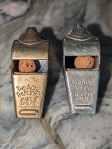 Vtg.Police Whistle Pair, Acme Thunderer Gemsco, Made In England Keys Cuff Works