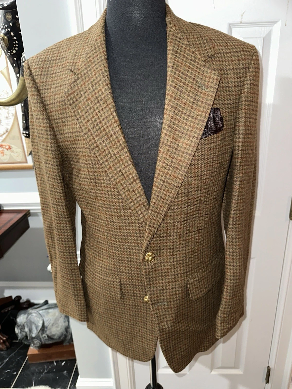 BESPOKE, 100% ENGLISH LAMBSWOOL, MEN'S BROWN DOGTOOTH BLAZER Size: 40R