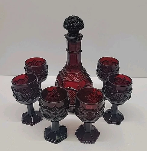 Vtg Avon 1876 Cape Cod Ruby Red Decanter Stopper 6 Cordial Wine Glasses Set