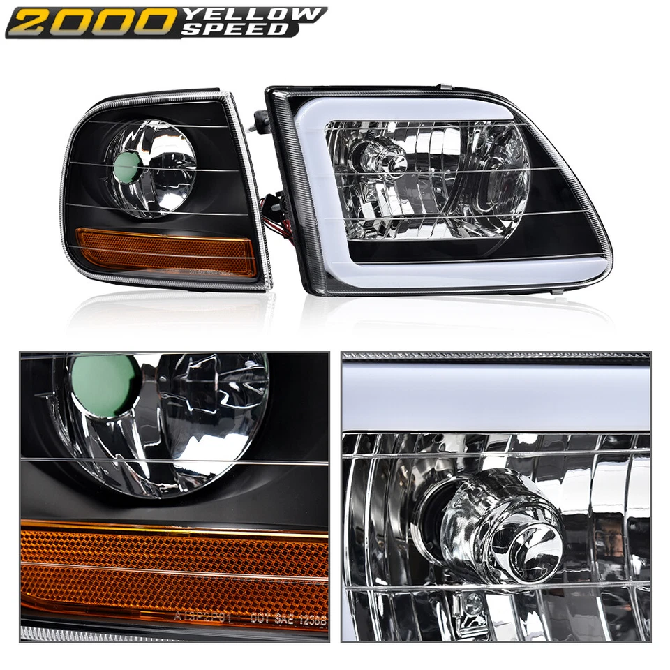 Fit For 97-04 F150 Expedition Black LED Tube Headlights & Corner Parking Lights - Image 4 of 4
