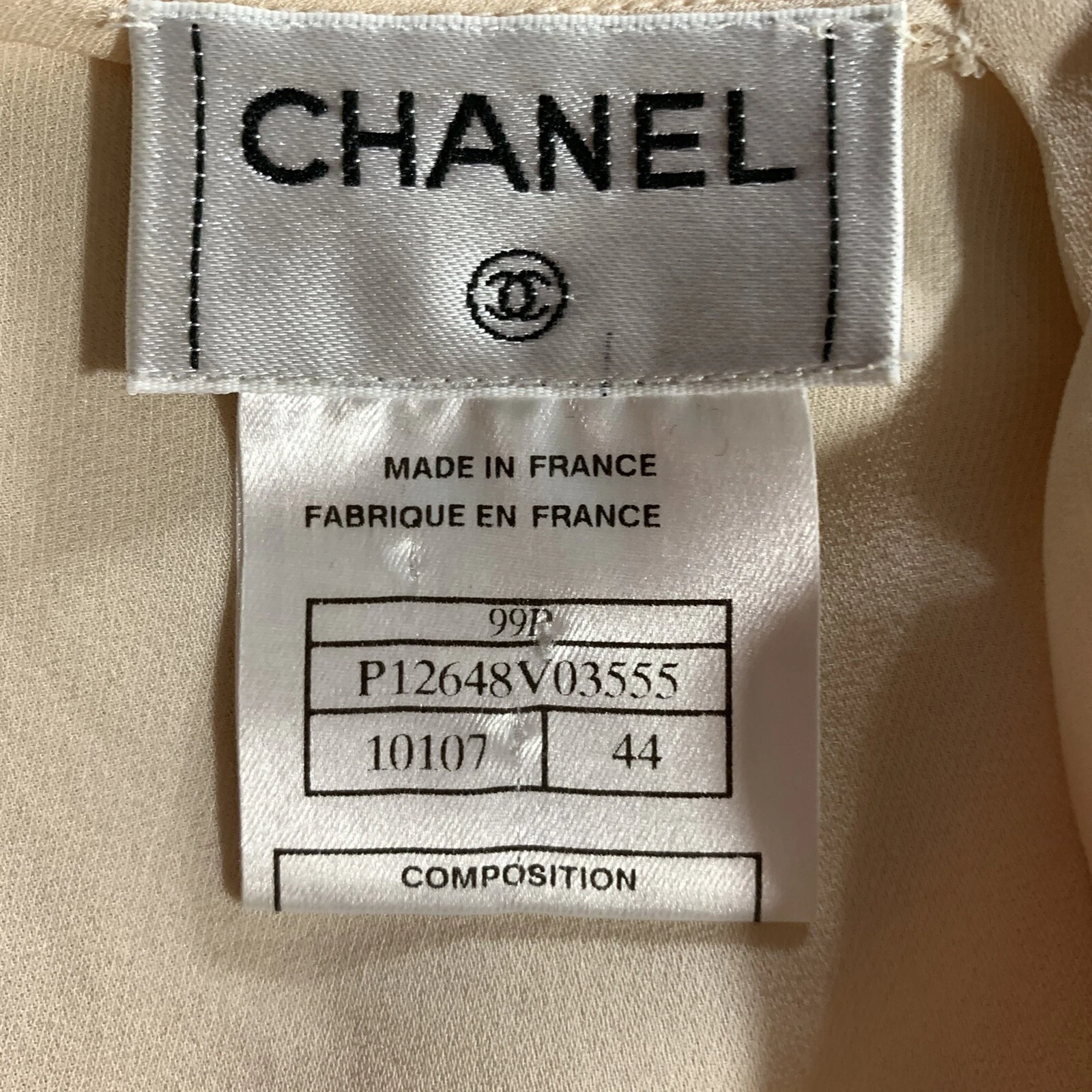 CAMICIA VINTAGE autentica CHANEL taglia 44 beige seta senza maniche conchiglia