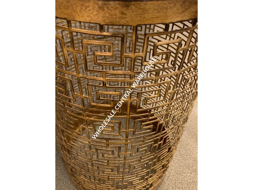 ALGERNON 24" GREEK KEY AGED GOLD IRON ACCENT END TABLE GLASS TOP 25046 - Picture 2 of 5