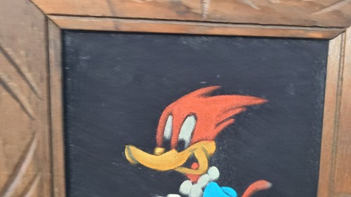 Vintage Woody Woodpecker on Black Velvet Painting Wooden Frame 11" X 13" - Picture 3 of 19