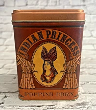 Vintage Advertising Tin w/ Lid INDIAN PRINCESS POPPING CORN JL Clark Rockford IL