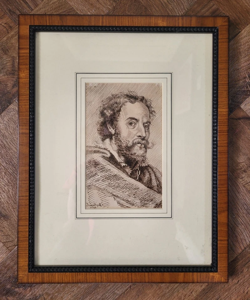 Antique 1848 Pen Ink Drawing Mustachioed Man Decorative Country/Town House Chic - Image 2 of 4