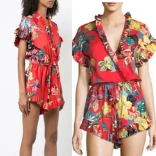 Alexis red floral tropical Faine ruffle romper XS vacation summer beach