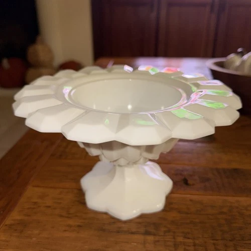 RARE Vintage Ornate Milk Glass Compote Bowl Pedestal Candy dish Center Piece.